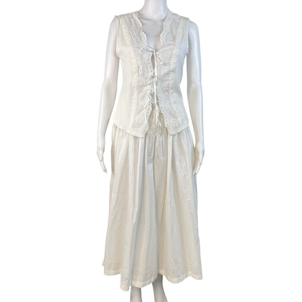 Free People Gesibelle Cotton Eyelet Tie Front Sleeveless Vest Maxi Skirt Set M - Picture 2 of 14
